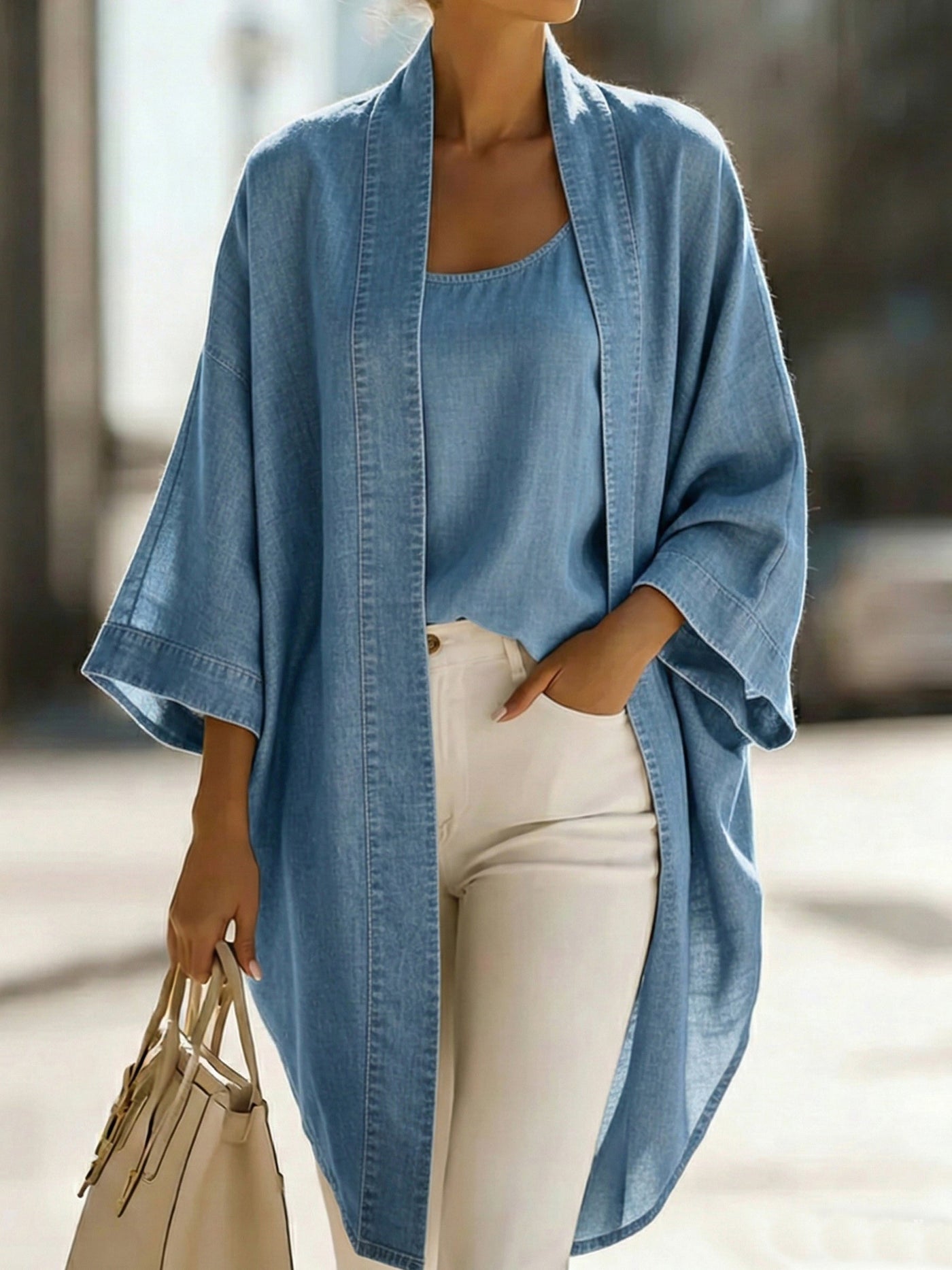 Kimono Cardigan og Camisole Top Sæt i Hør-Blanding til Damer