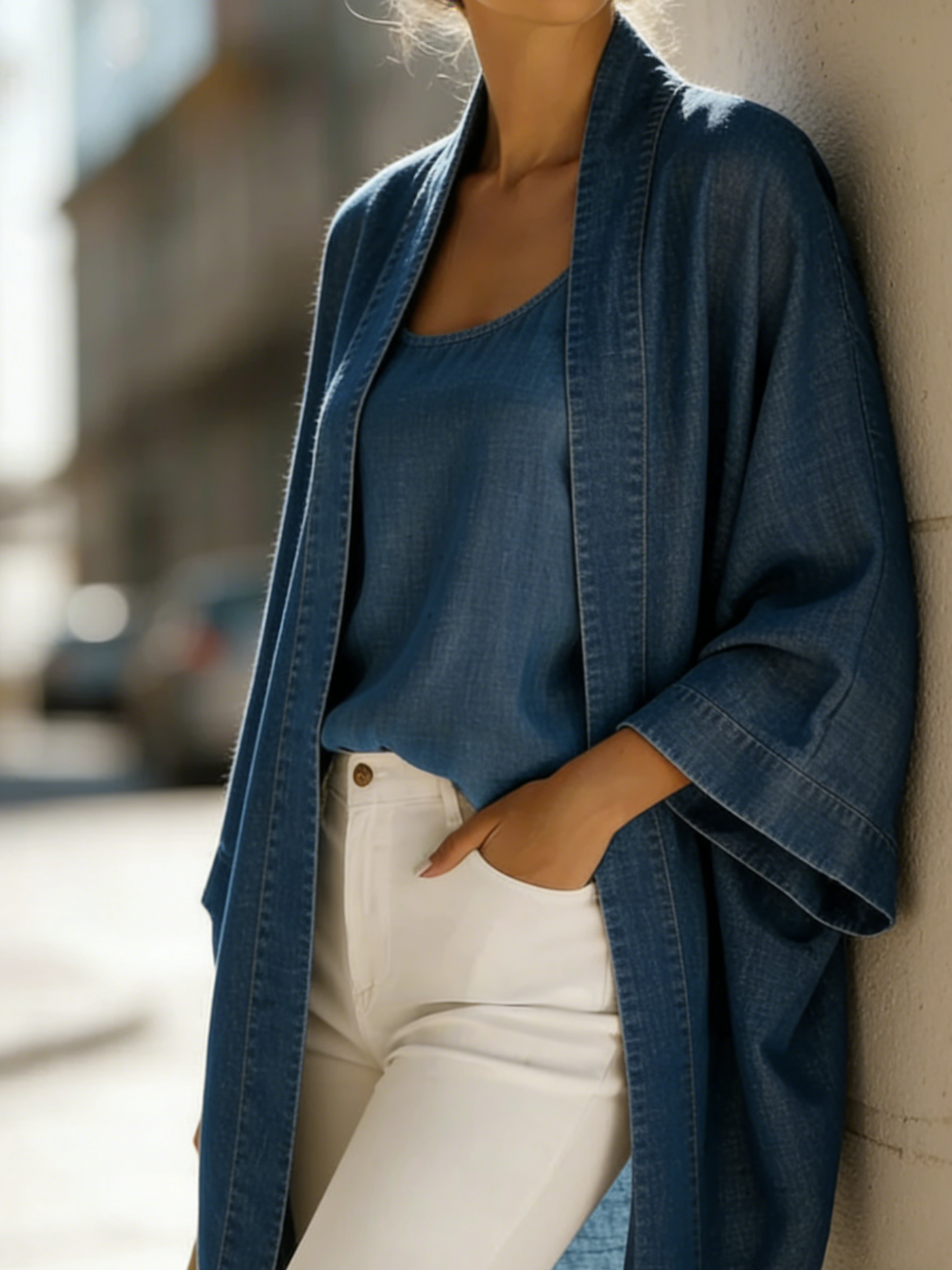 Kimono Cardigan og Camisole Top Sæt i Hør-Blanding til Damer
