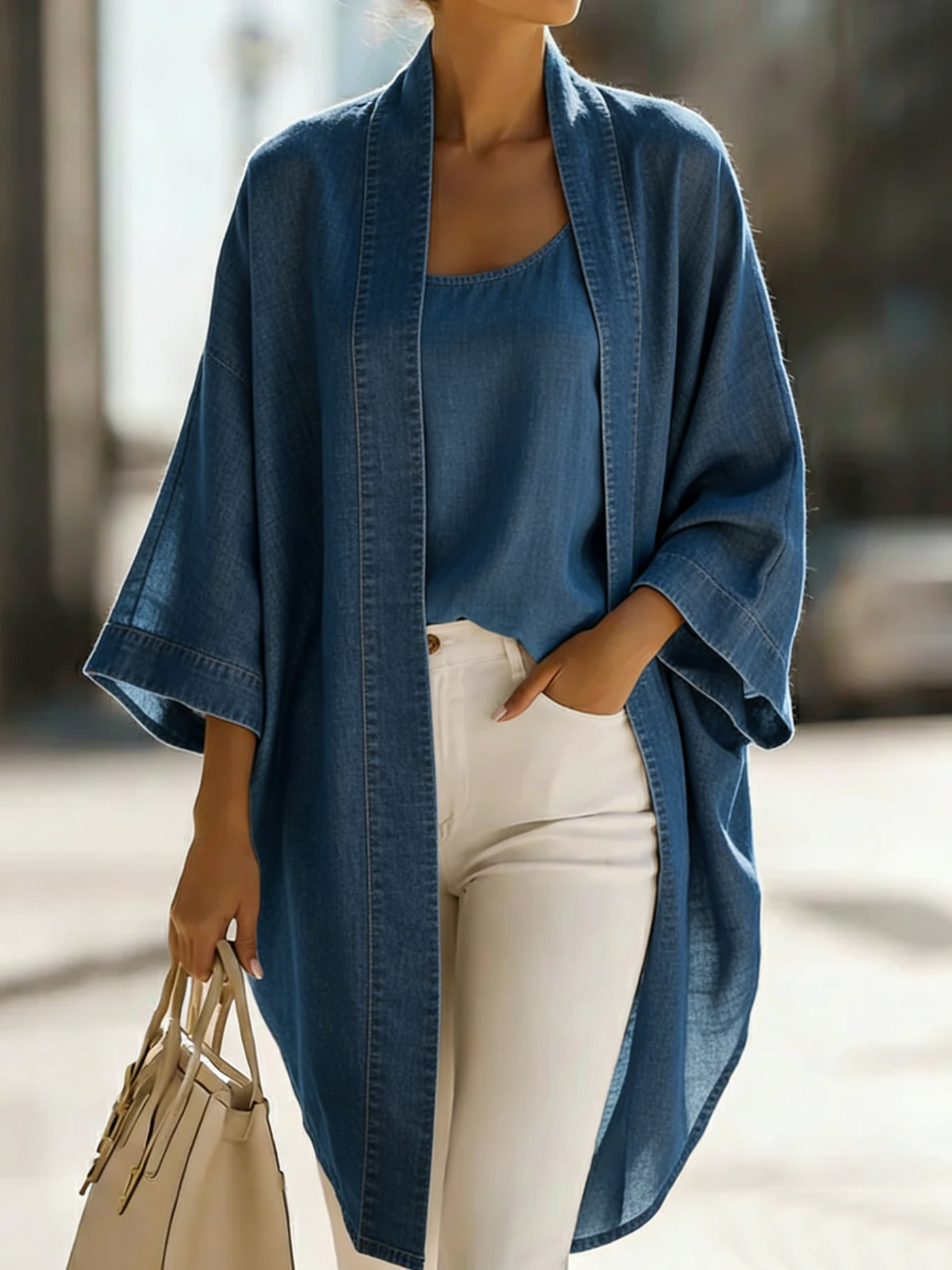 Kimono Cardigan og Camisole Top Sæt i Hør-Blanding til Damer