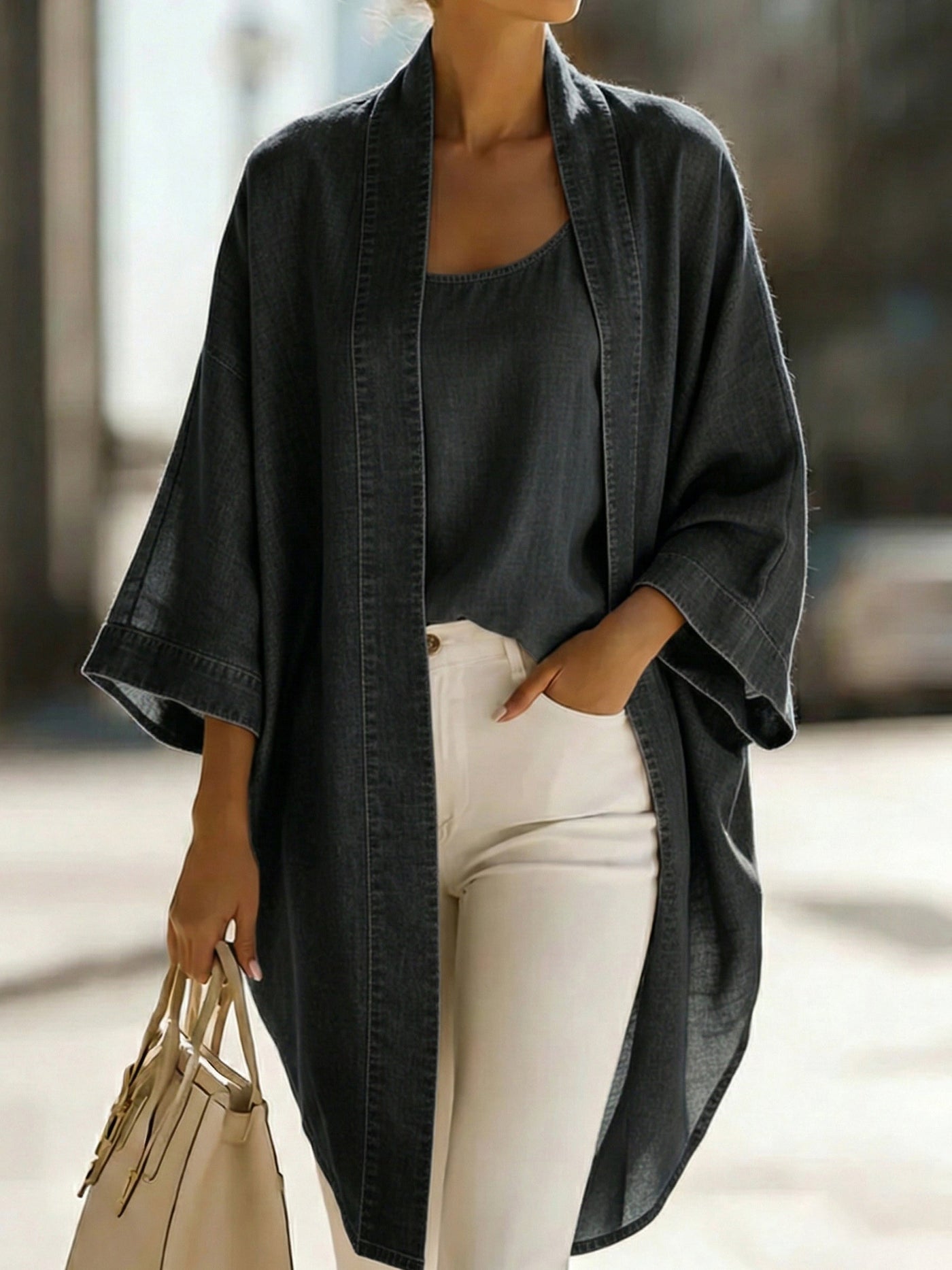 Kimono Cardigan og Camisole Top Sæt i Hør-Blanding til Damer