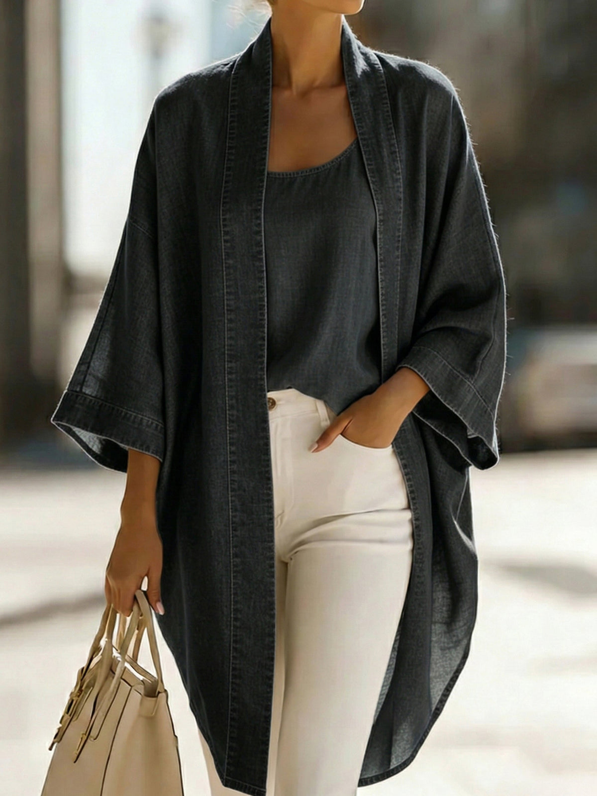 Nina | Todelt Sæt med Kimono-Cardigan i Denimlook