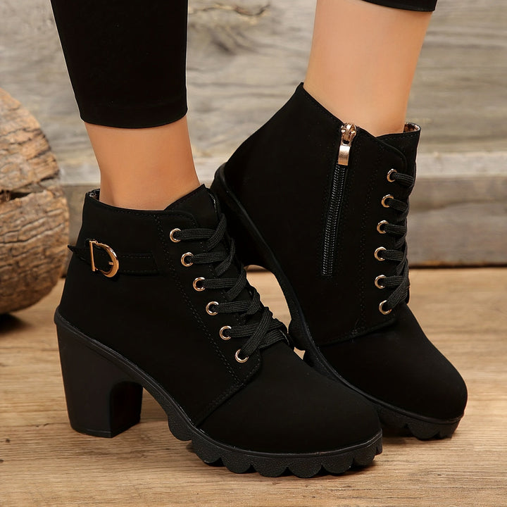 Women's Leather Block Heel Ankle Boots Shoes