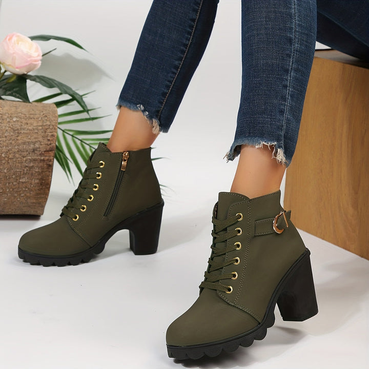 Women's Leather Block Heel Ankle Boots Shoes