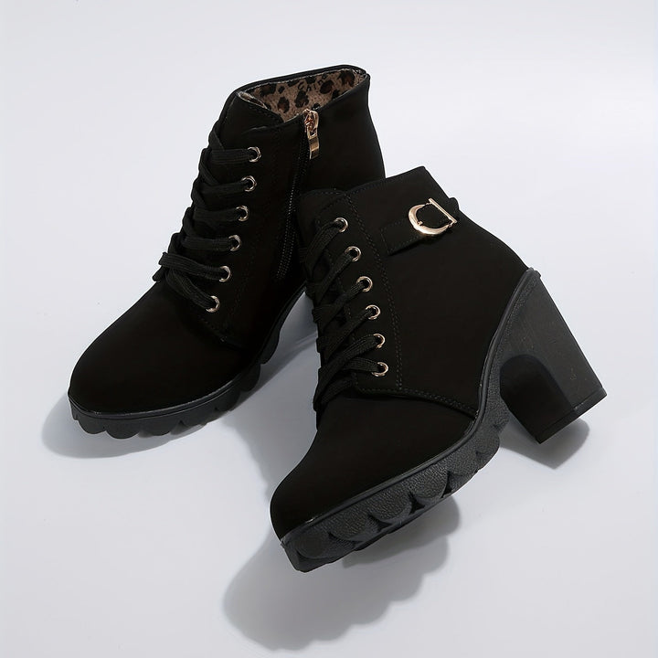 Women's Leather Block Heel Ankle Boots Shoes
