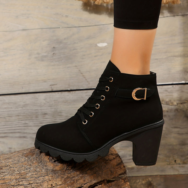 Women's Leather Block Heel Ankle Boots Shoes