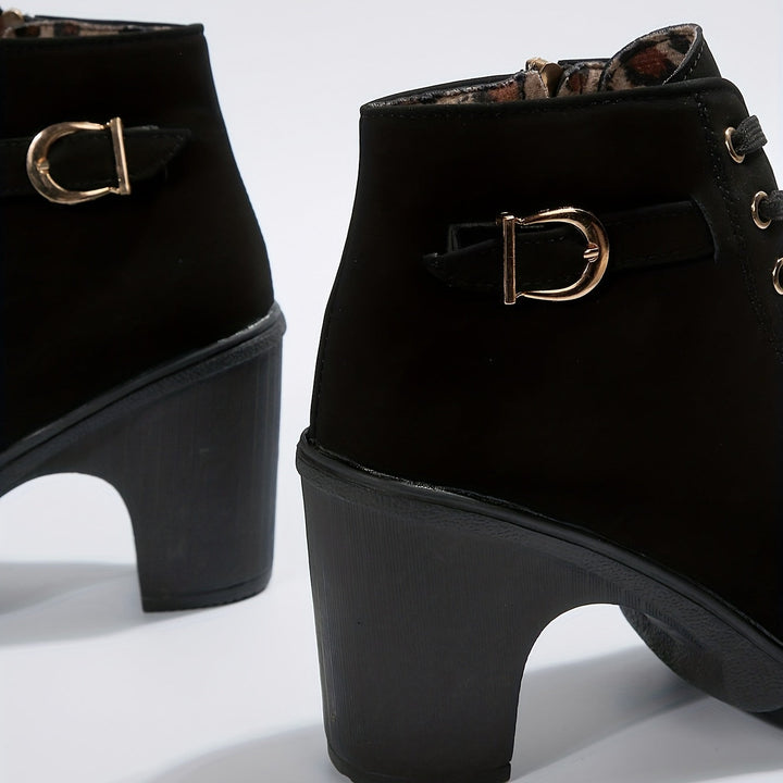 Women's Leather Block Heel Ankle Boots Shoes