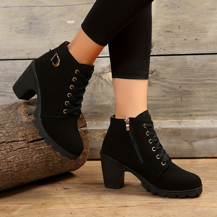 Women's Leather Block Heel Ankle Boots Shoes