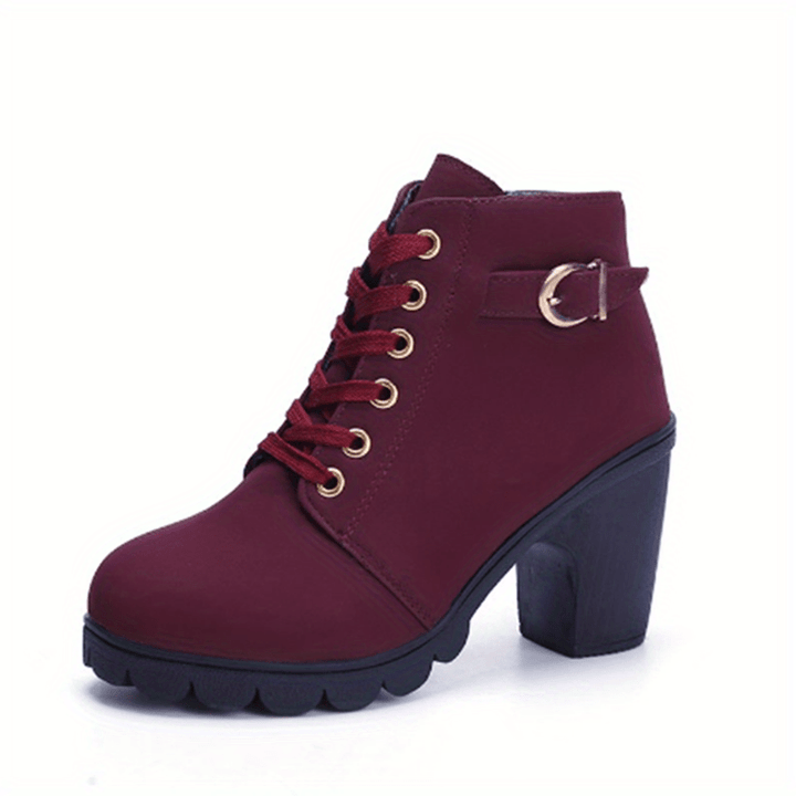 Women's Leather Block Heel Ankle Boots Shoes