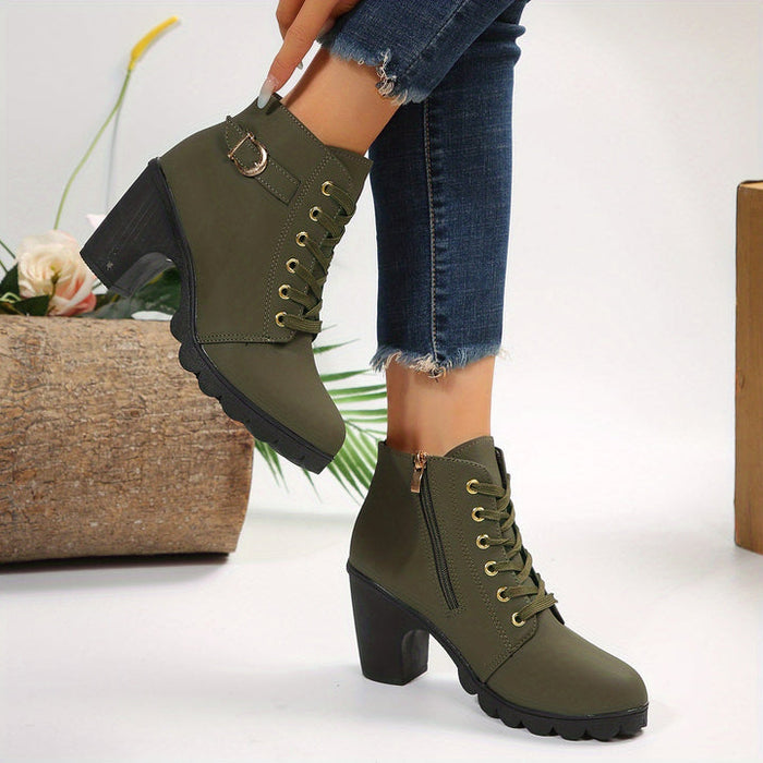 Women's Leather Block Heel Ankle Boots Shoes