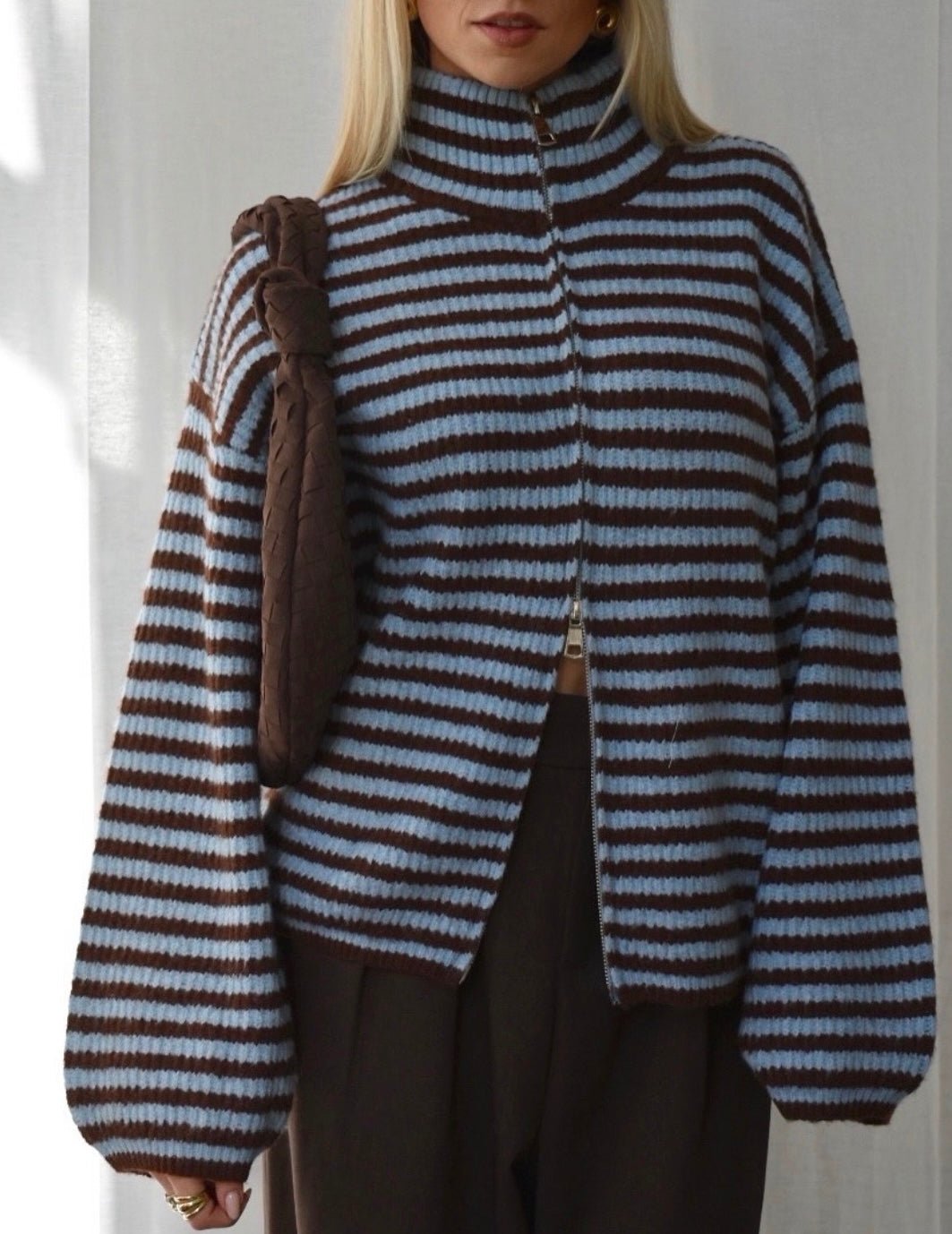 Angela Striped Mock Neck Knit Cardigan