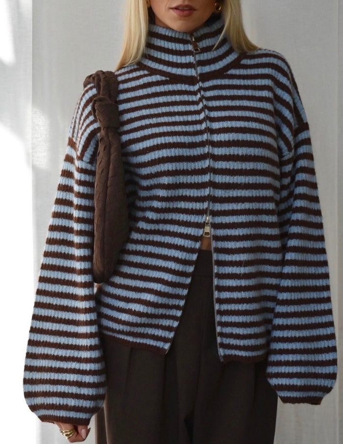 Angela Striped Mock Neck Knit Cardigan