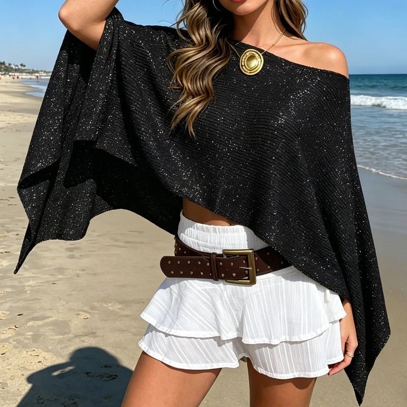 Ailva Shimmer Off-Shoulder Poncho Cape