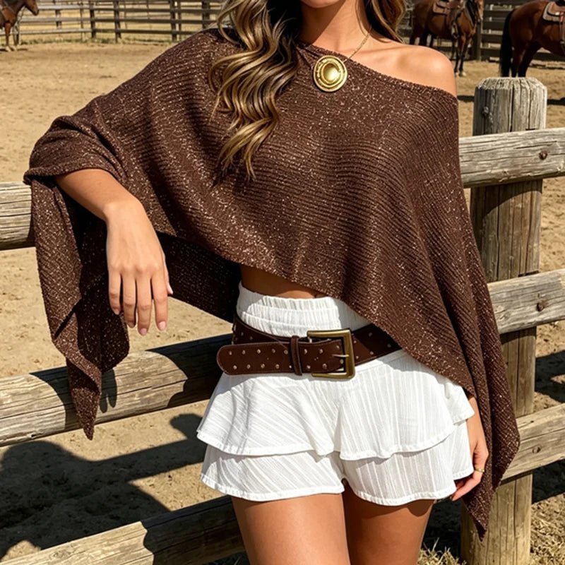 Ailva Shimmer Off-Shoulder Poncho Cape
