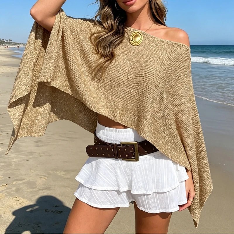 Ailva Shimmer Off-Shoulder Poncho Cape