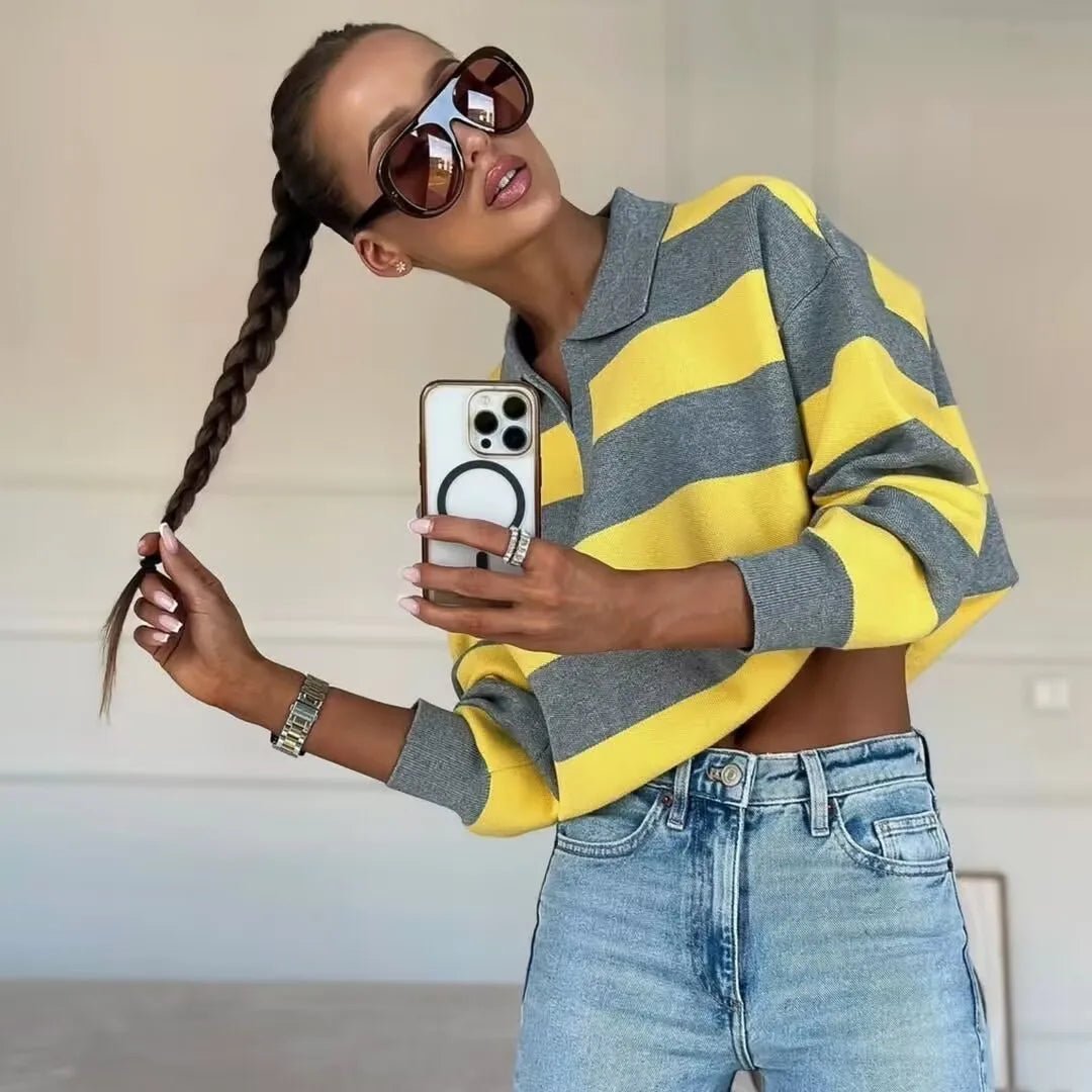 Elena Striped Polo Neck Sweater