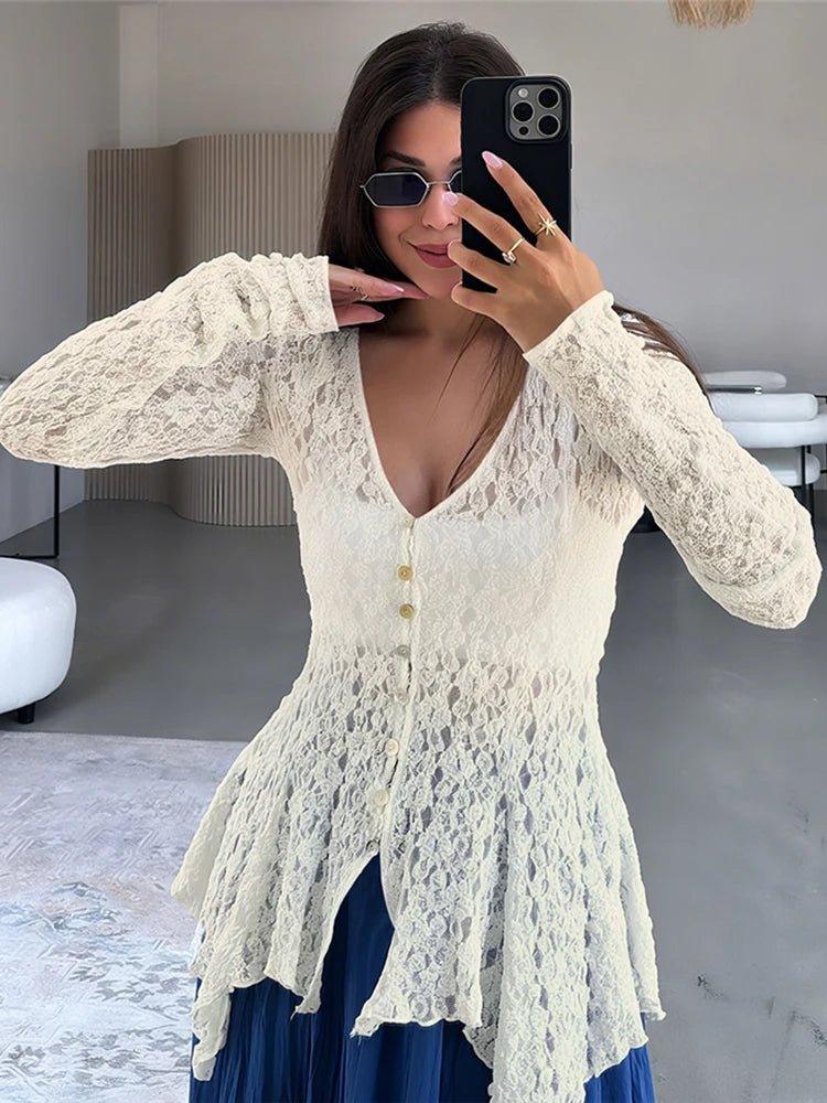 Jenna Shark Hem Sheer Jacquard Cardigan