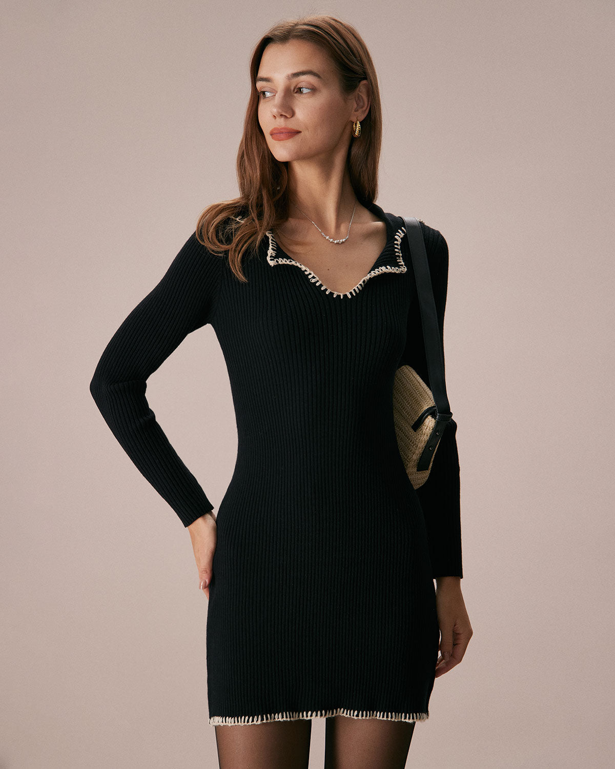 Cleona | Contrast Stitch Knit Sweater Mini Dress