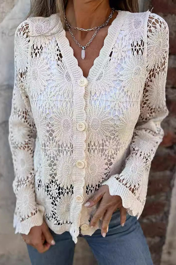 Women's Lace Knit Cardigan V-Neck Long Sleeve Top Outerwear