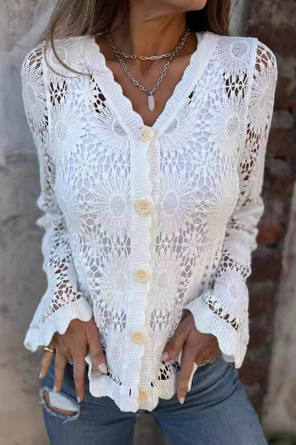 Women's Lace Knit Cardigan V-Neck Long Sleeve Top Outerwear