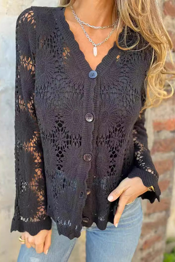 Women's Lace Knit Cardigan V-Neck Long Sleeve Top Outerwear