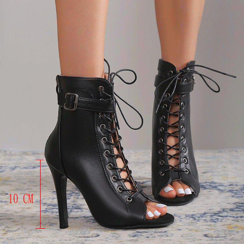 Women’s Lace-Up Open Toe Casual High Heel Ankle Boots - Craw Leigh