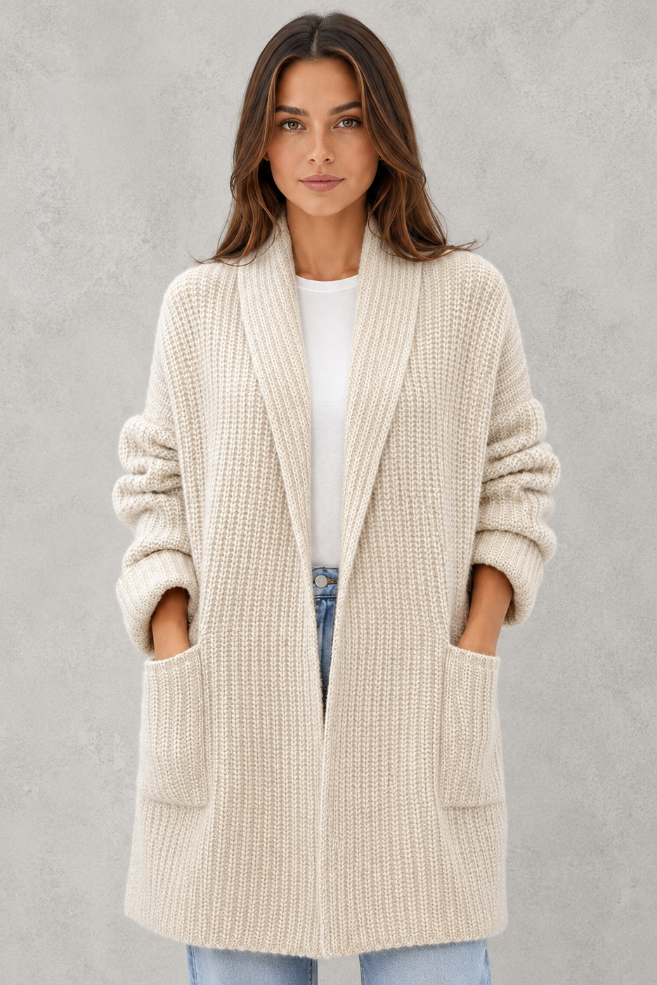Women's Long Knit Cardigan - Open Front Chunky Knit Pocket Cardigan