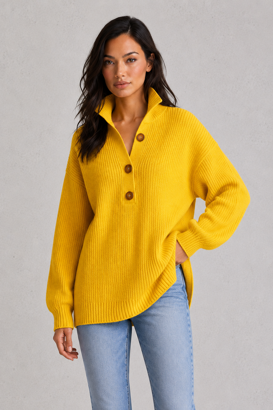 Women’s Collared Knitted Jumper - Relaxed Fit Button Front Knit