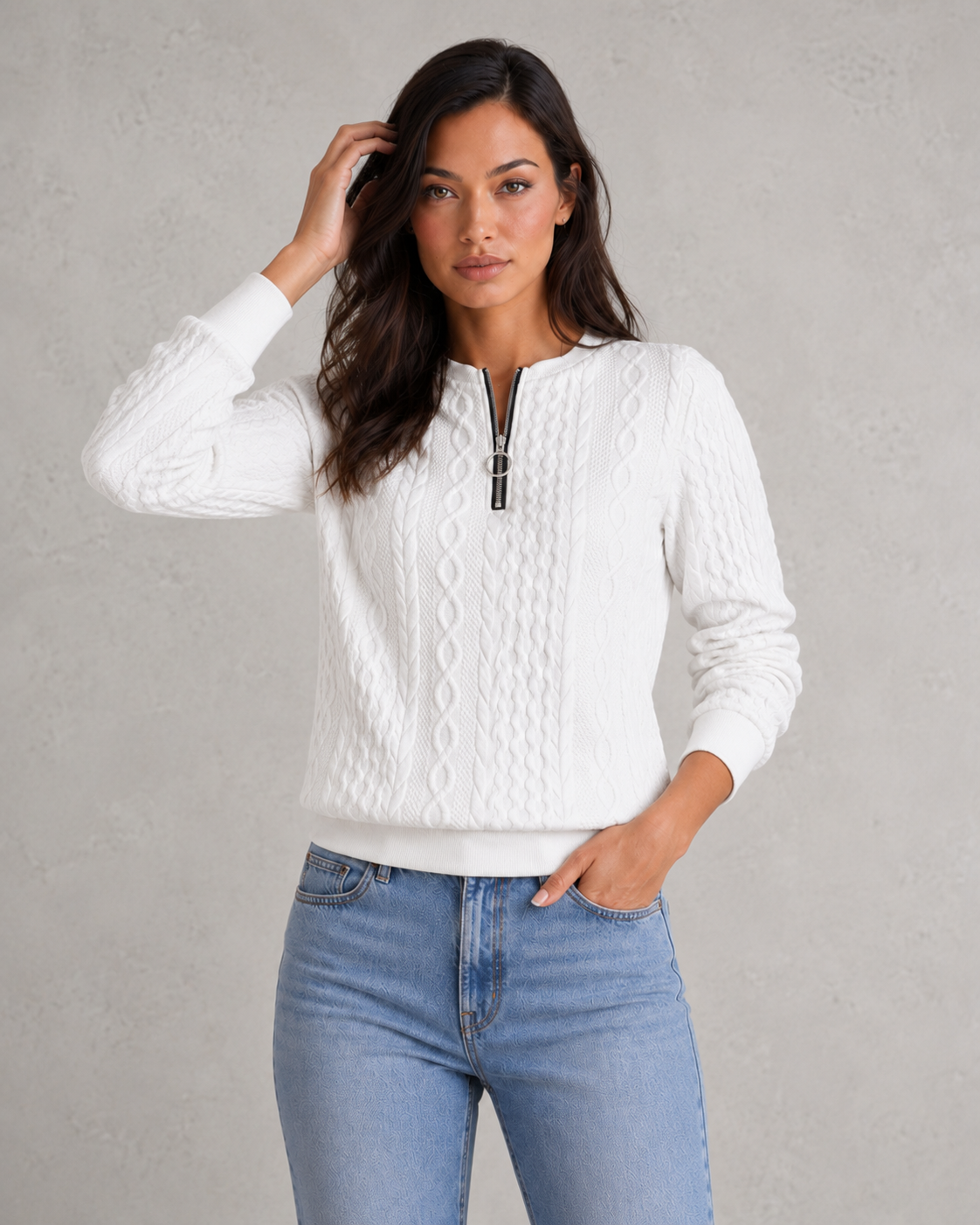 Women’s Zip-Front Cable Knit Jumper for Casual & Everyday Wear